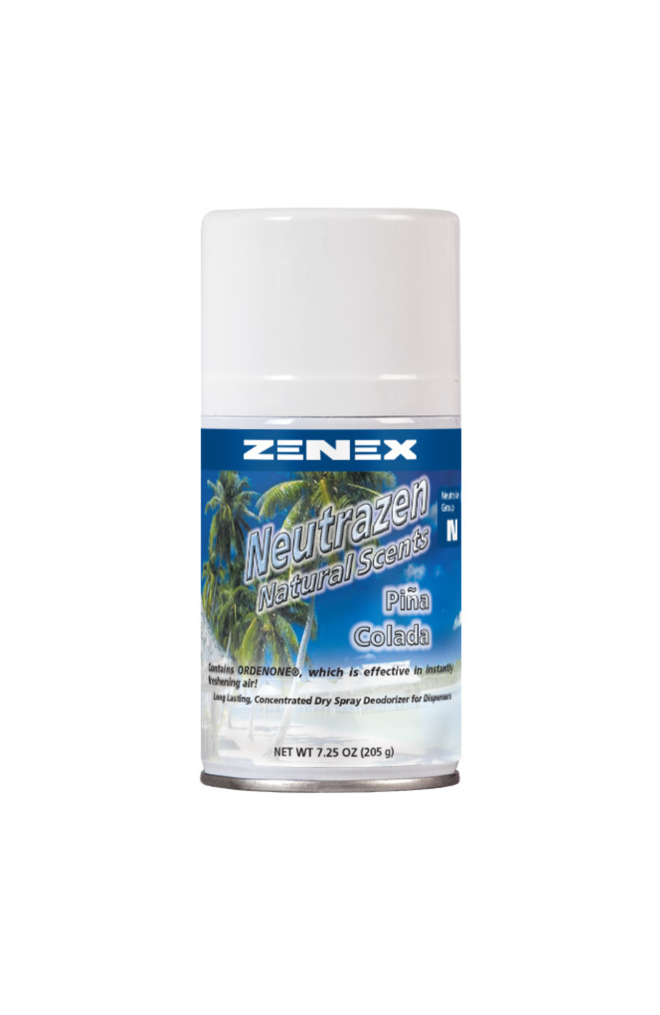 Zenex 491955 Neutrazen Pina Colada Metered Air Freshener can, dry spray odor neutralizer with ORDENONE®, tropical pina colada scent, VOC compliant, long-lasting freshness.