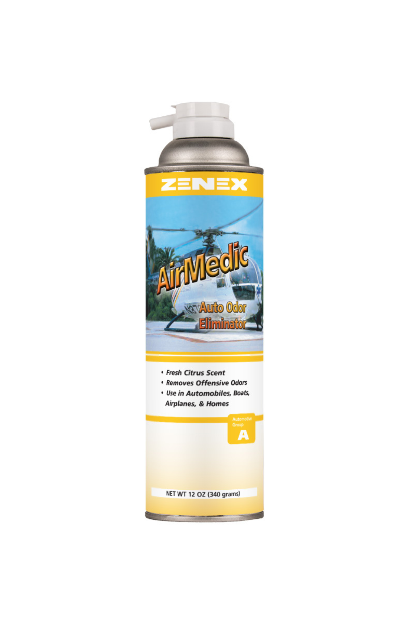 Zenex 491975 AirMedic Auto Odor Eliminator can, citrus-scent odor neutralizer, eliminates tough vehicle odors, non-CFC aerosol, safe for cars, boats, and homes.