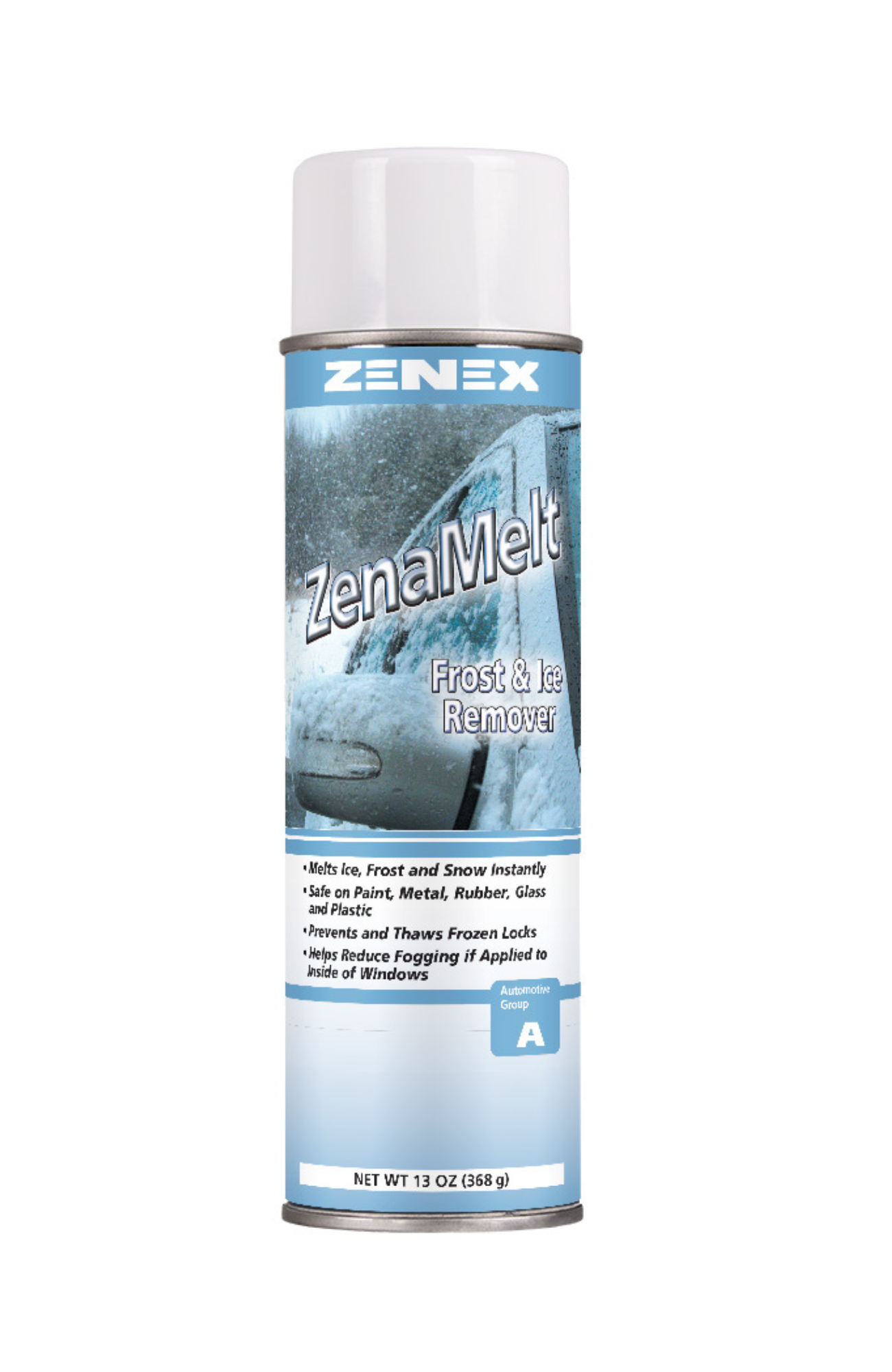 Zenex 498755 ZenaMelt Frost & Ice Remover can, fast-acting aerosol that melts ice, frost, and snow instantly, thaws frozen locks, prevents freezing, water-rinseable formula.