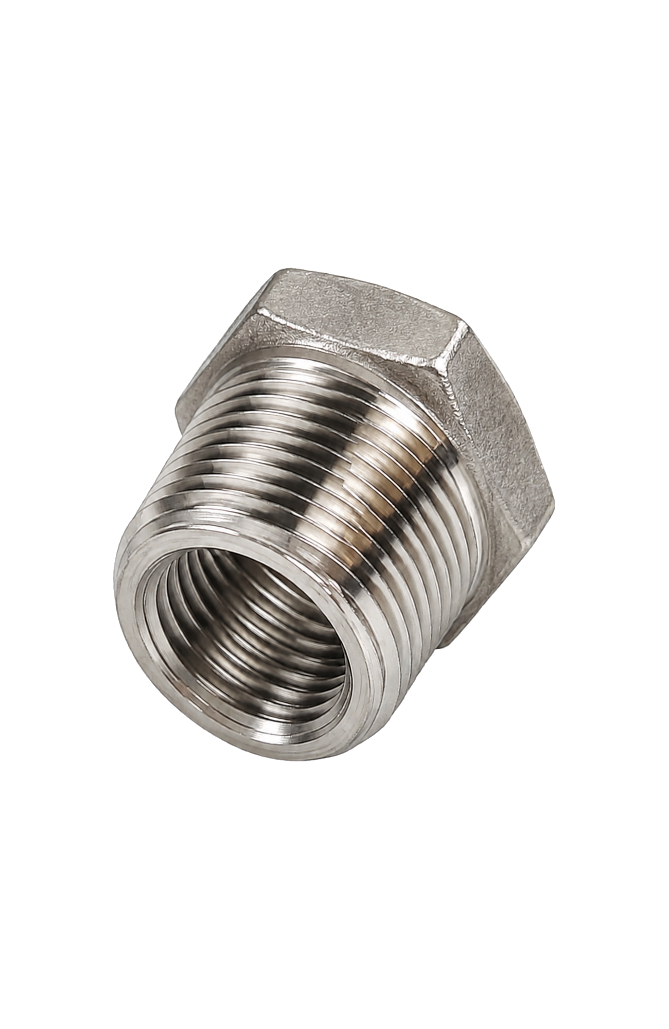 Single 304 stainless steel reducer hex bushing, 3/4 inch NPT male to 3/8 inch NPT female