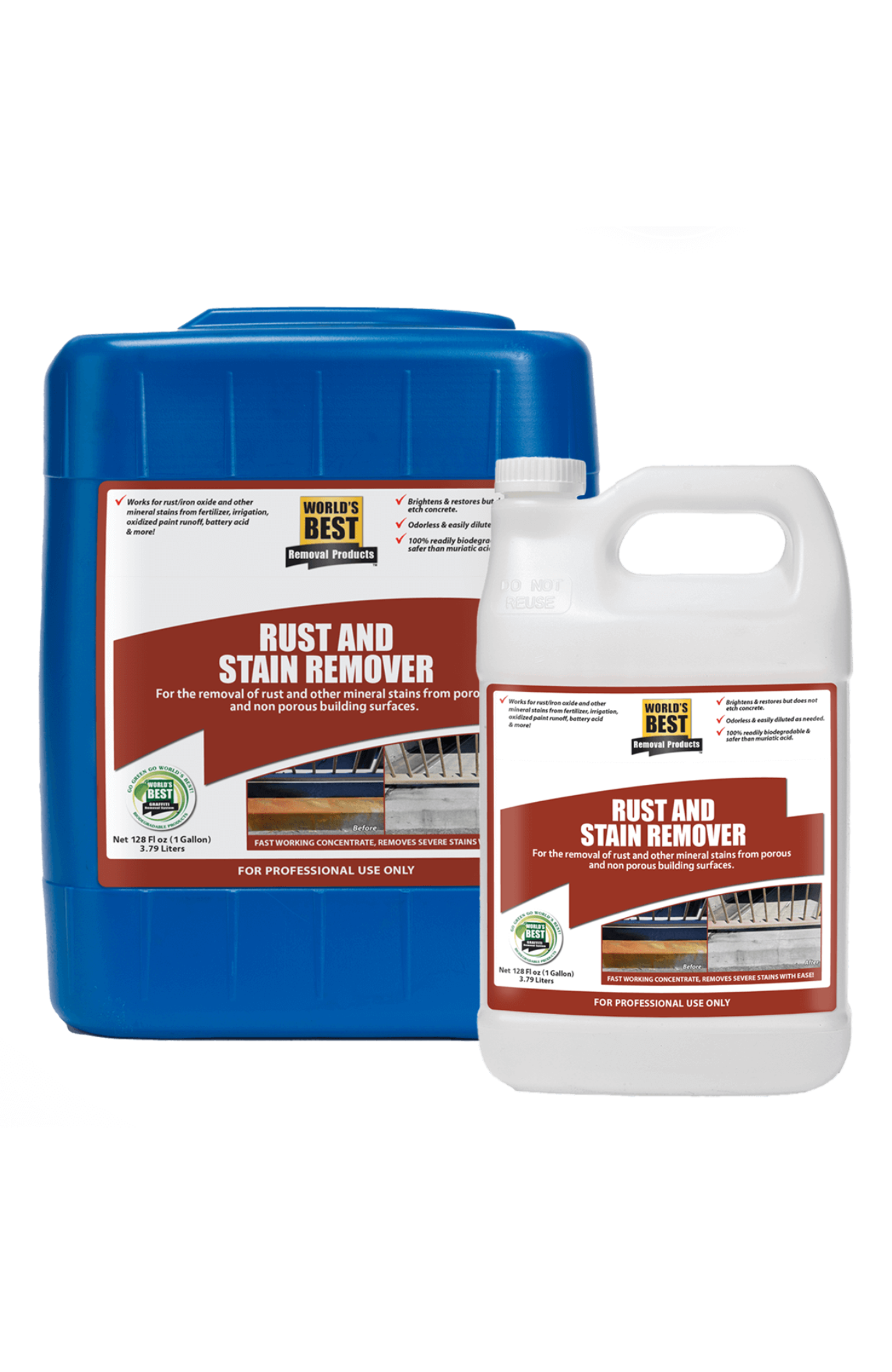 Two bottles of Worlds Best Rust and Stain Remover on a white background